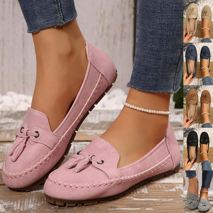 Women Round Head Loafers Non slip Soft Comfortable Flats in pink color, showcasing style and comfort for everyday wear.