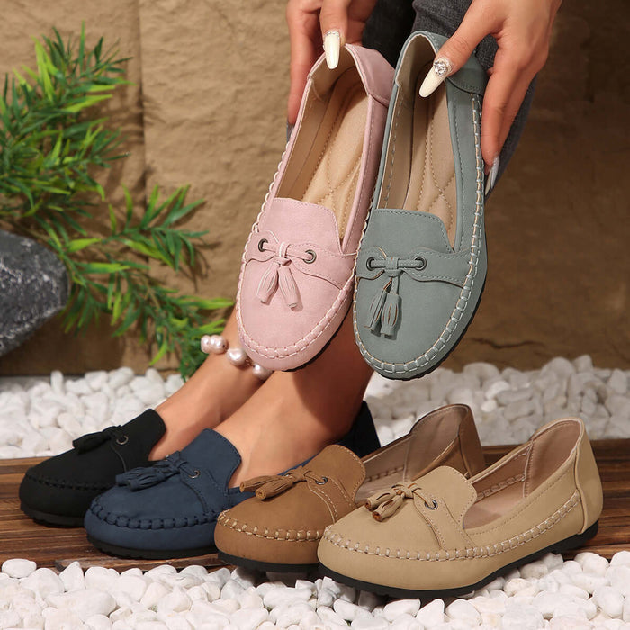 Women Round Head Loafers Non slip Soft Comfortable Flats shown in various colors including pink, blue, and beige.