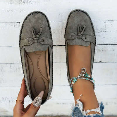 Women Round Head Loafers Non slip Soft Comfortable Flats in gray with bow detail, ideal for casual and chic outfits.
