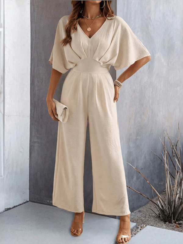 Women Short Sleeved Wide Leg Jumpsuit V Neck Leisure short sleeve cuff view