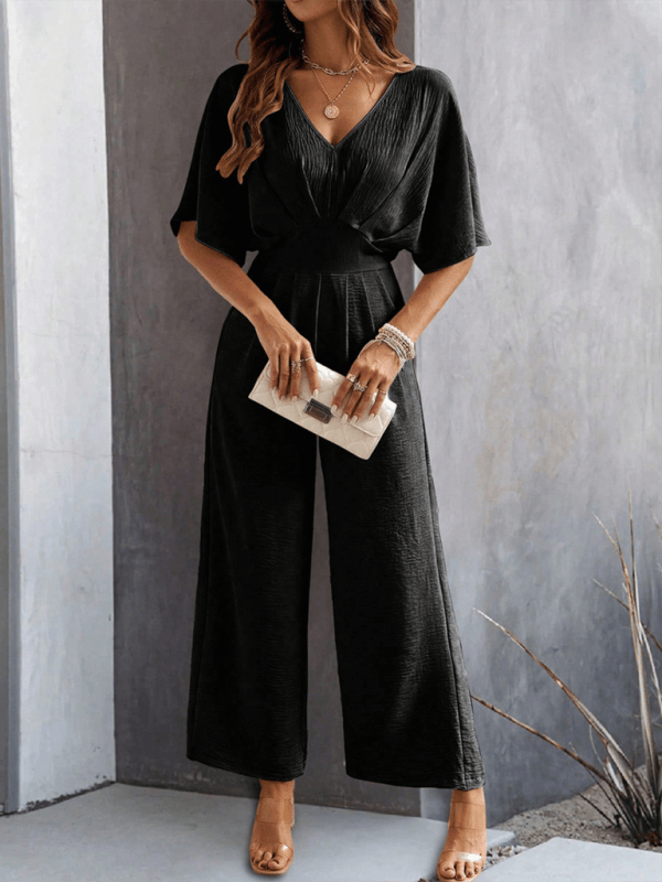 Women Short Sleeved Wide Leg Jumpsuit V Neck Leisure elegant V neck collar