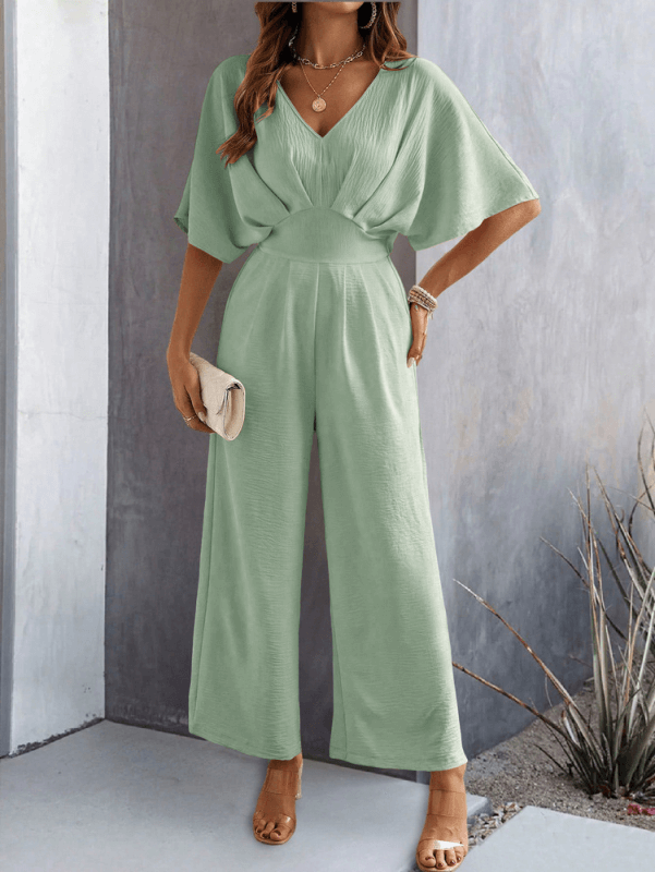 Women Short Sleeved Wide Leg Jumpsuit V Neck Leisure woven polyester fabric texture