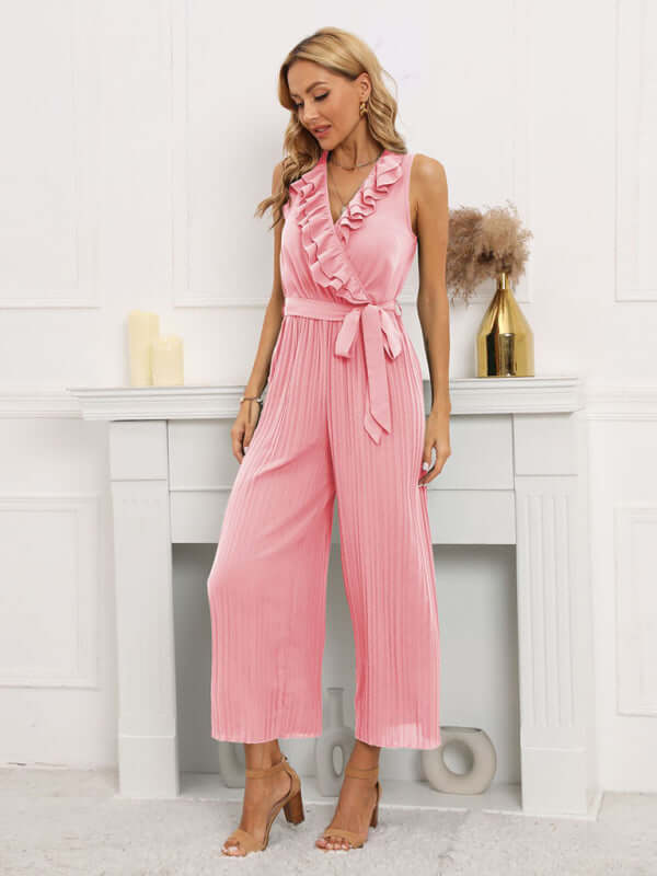 Women Sleeveless V Neck Ruffle Lace Pleated Jumpsuit V neck ruffle detail