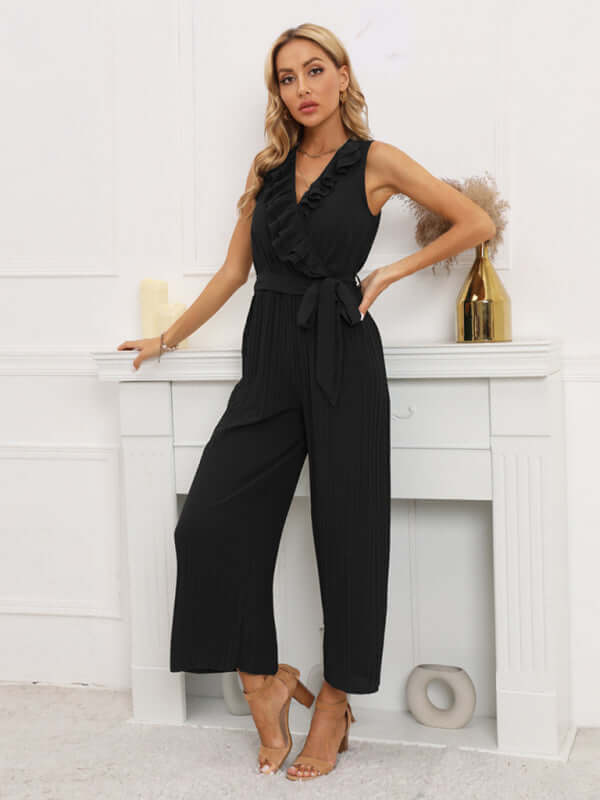 Women Sleeveless V Neck Ruffle Lace Pleated Jumpsuit woven polyester fabric texture
