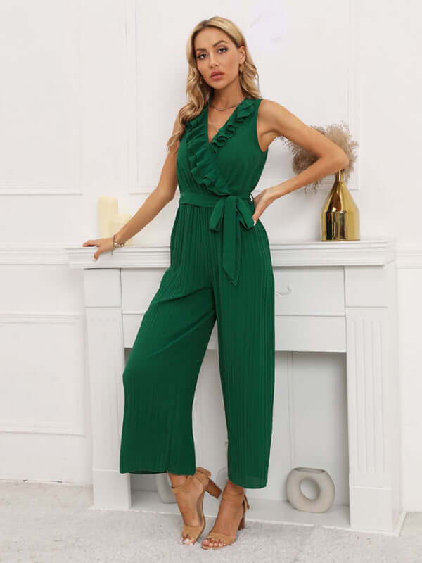 Women Sleeveless V Neck Ruffle Lace Pleated Jumpsuit pleated trouser leg design