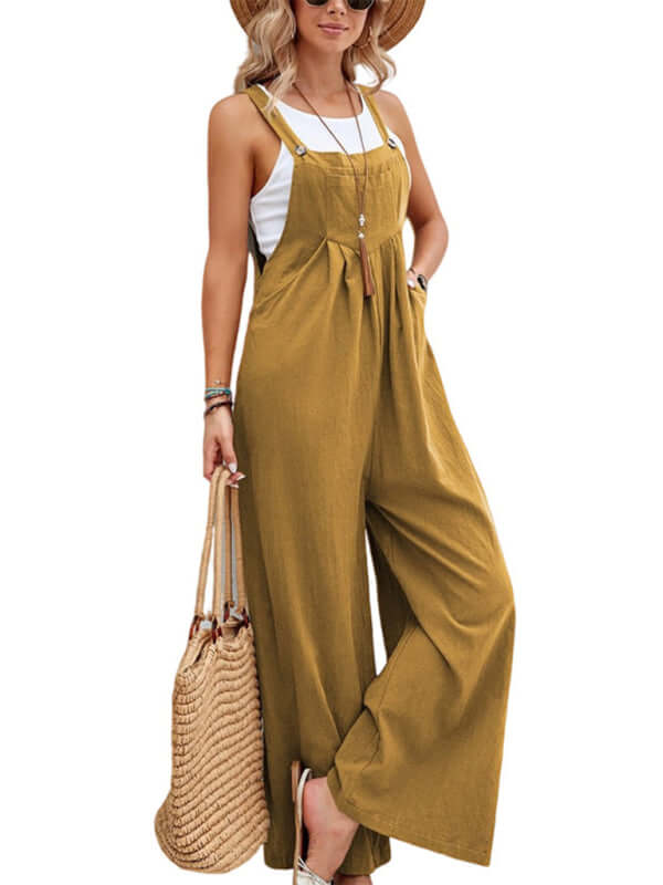 Women solid color casual bib trousers back design