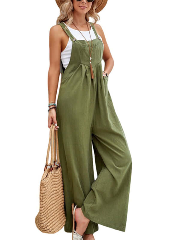 Women solid color casual bib trousers slant pockets detail