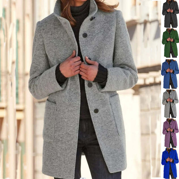 Women Stand Collar Woolen Coat Fall Winter Outwear khaki plus size 5XL.