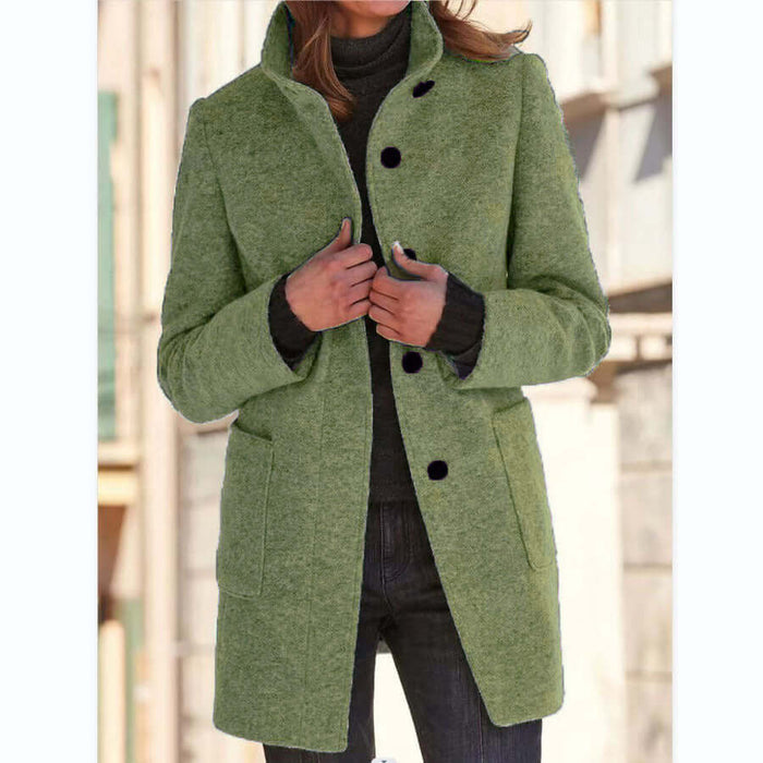 Women Stand Collar Woolen Coat Fall Winter Outwear polyester cotton blend.