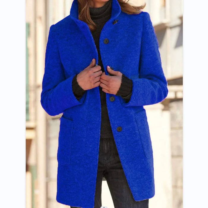 Women Stand Collar Woolen Coat Fall Winter Outwear winter coat with pockets.