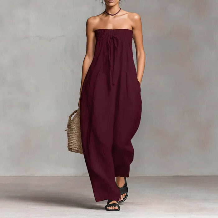 Women Strapless Ruched Jumpsuit Summer Fashion in burgundy with pockets, perfect for casual summer outings.