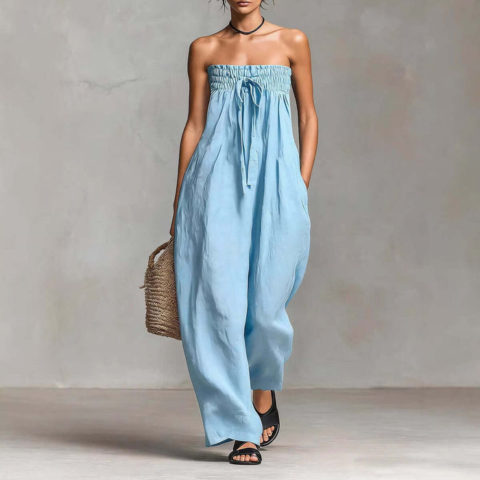 Women Strapless Ruched Jumpsuit Summer Fashion in light blue, perfect for warm weather outings.