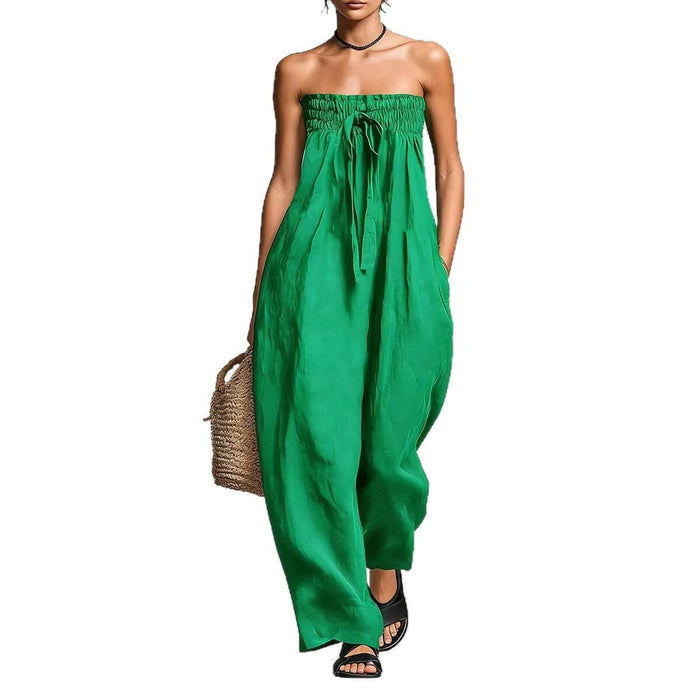 Women Strapless Ruched Jumpsuit Summer Fashion in vibrant green with pockets and a relaxed fit.