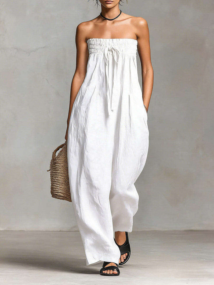 Women Strapless Ruched Jumpsuit Summer Fashion in white, perfect for warm-weather outings.
