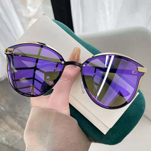 Women Stylish Polarized Sunglasses UV400 Alloy Top golden alloy metal frame layout displaying universal facial fit contour