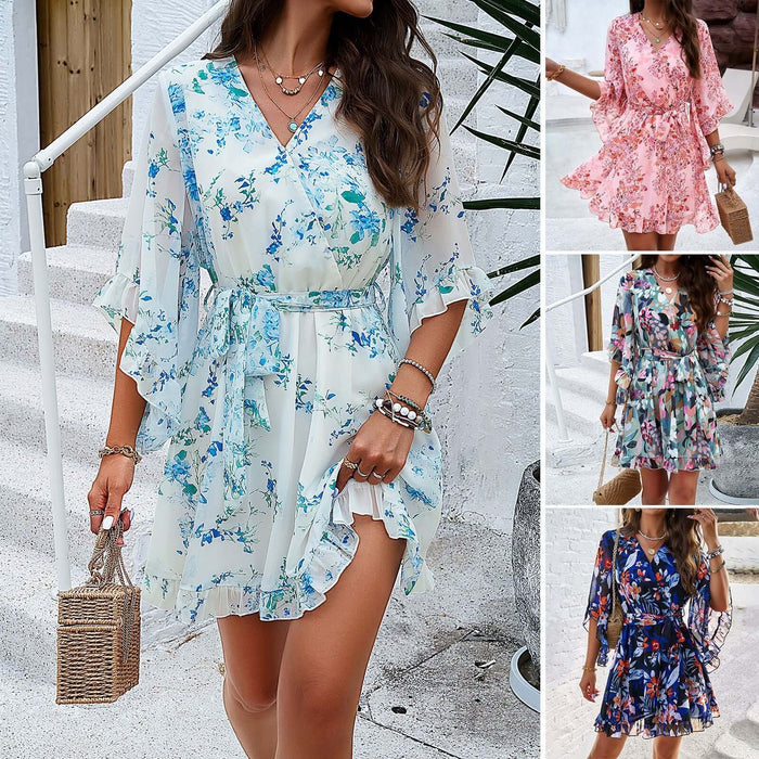 Women Summer Floral Print Lace Up V-Neck Dress Elegant Floral Design