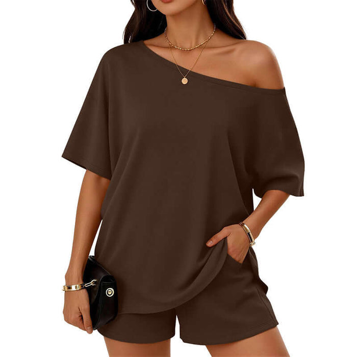 Womens 2 Piece Slant Neck Top and Shorts Casual Set in brown, featuring an off-shoulder top and comfortable shorts.