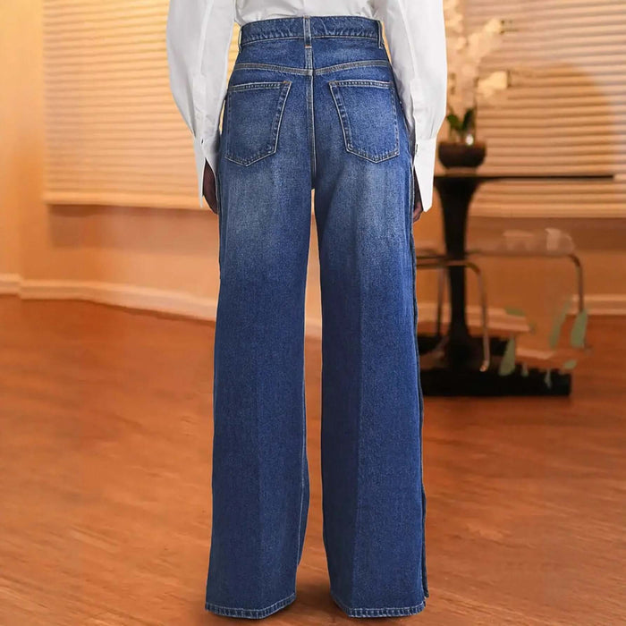 Womens Autumn Winter Niche Design Heart-Shaped Rivet Jeans from the back, showcasing wide-leg style and denim details.