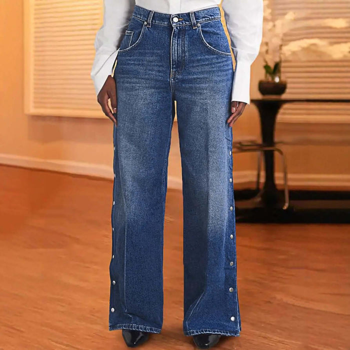 Womens Autumn Winter Niche Design Heart-Shaped Rivet Jeans featuring a stylish button detail on the sides.