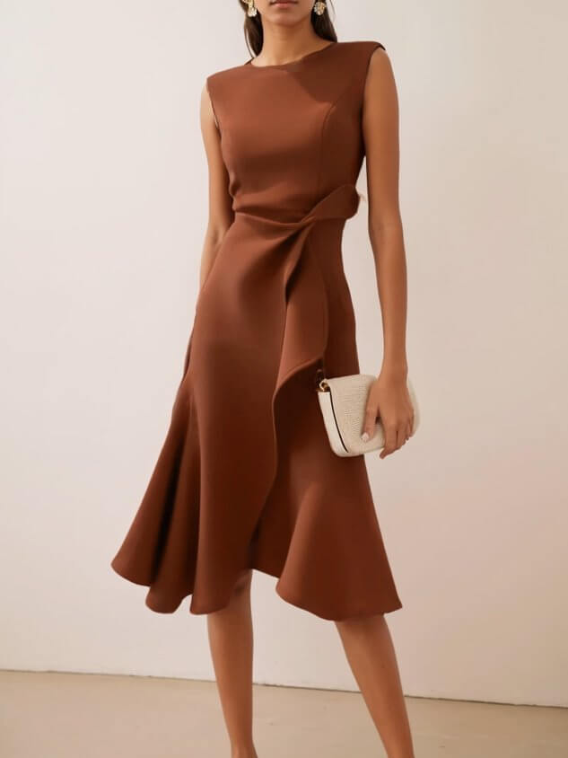 Womens Bow Knot Sleeveless Summer Maxi Dress in brown with elegant design and stylish flared hem