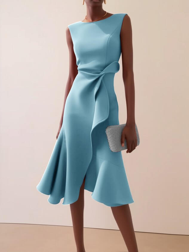 Womens Bow Knot Sleeveless Summer Maxi Dress in light blue worn by model.