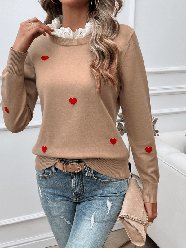 Women’s Casual Embroidered Heart Long Sleeve Knitted Sweater front view