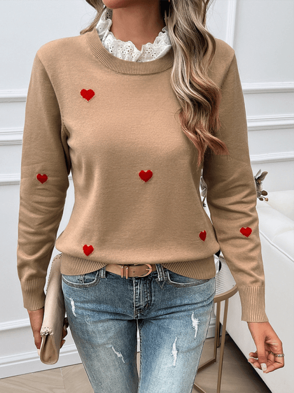 Women’s Casual Embroidered Heart Long Sleeve Knitted Sweater on model standing
