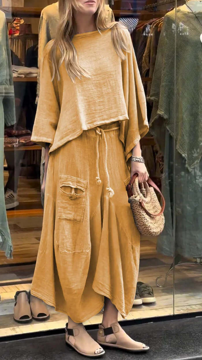 Womens Casual Loose Long Sleeve Top And Skirt Set in light yellow, perfect for a relaxed day out, featuring loose fit and stylish design.