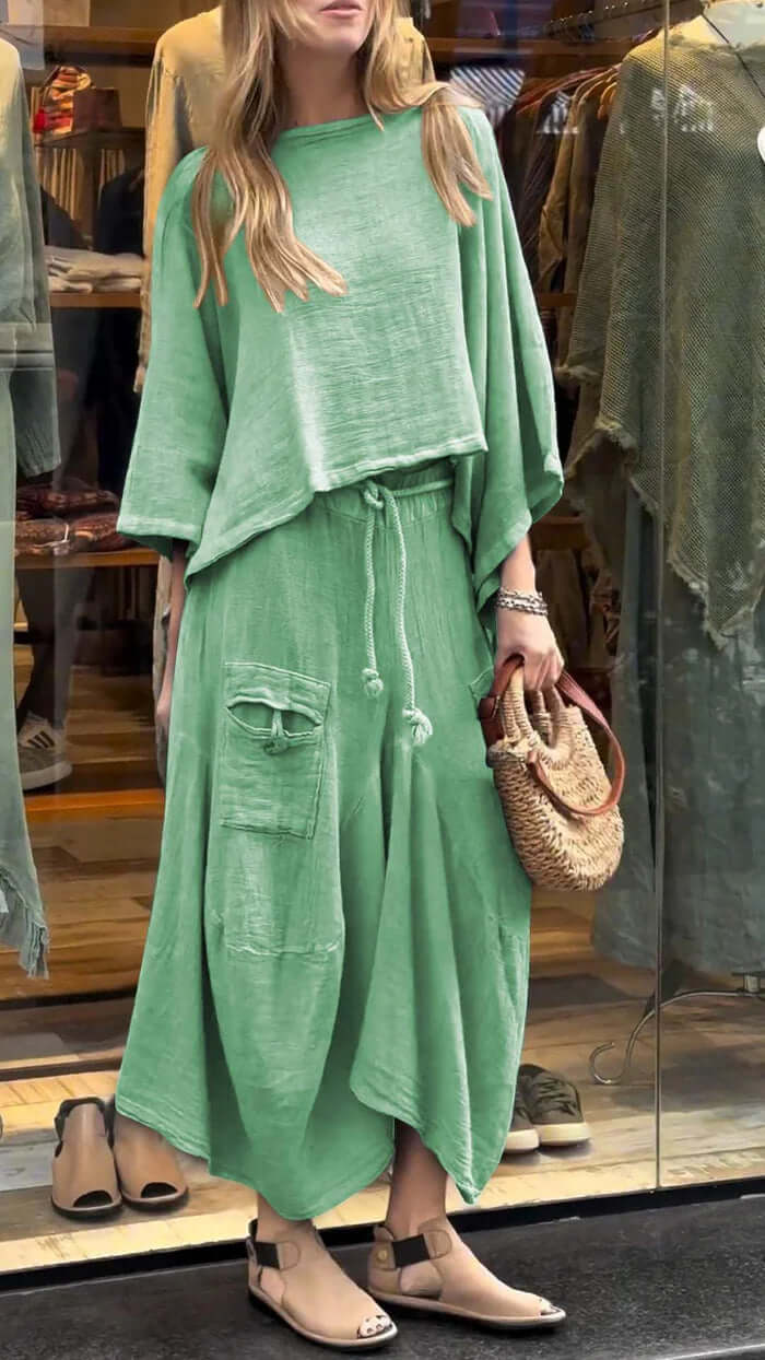 Womens Casual Loose Long Sleeve Top And Skirt Set in green, featuring a loose top and flowy skirt, perfect for casual outings.