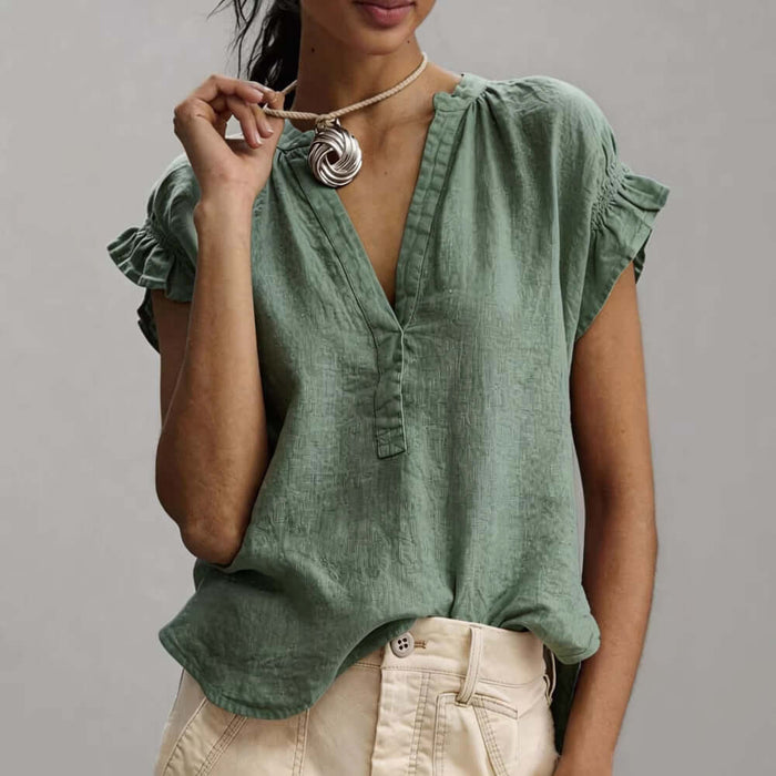 Women's Casual V-Neck Cotton-Linen Ruffle Blouse Top deep dark green edition displaying elegant petal sleeve accents