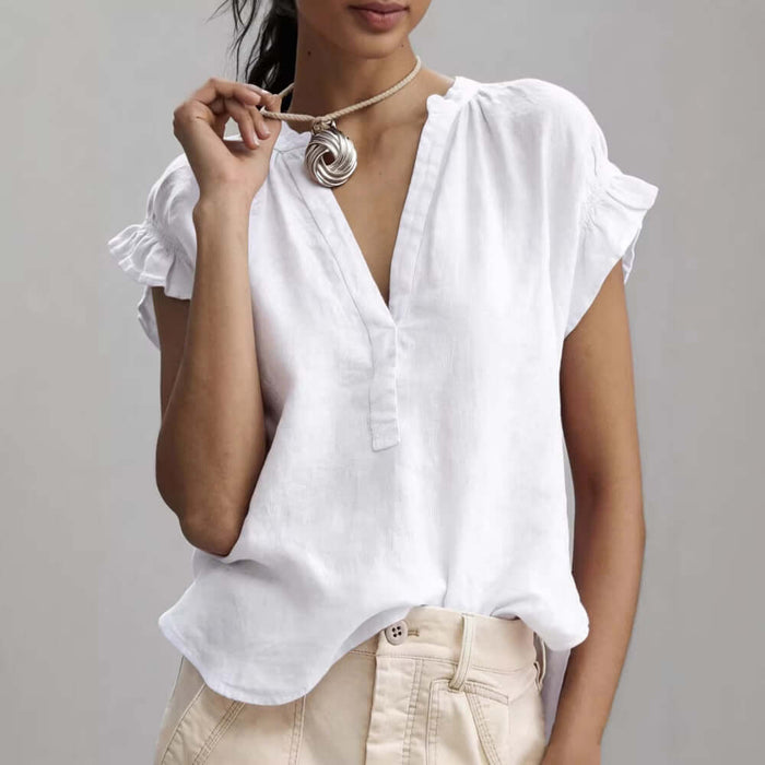 Women's Casual V-Neck Cotton-Linen Ruffle Blouse Top organic white cotton linen fabric weave close-up layout