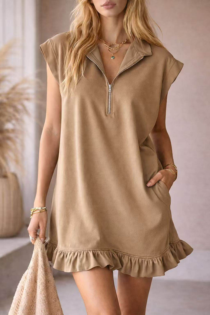 Womens Casual V Neck Ruffle Sleeveless Pocket Dress in tan with zip detail and ruffle hem, perfect for casual outings.