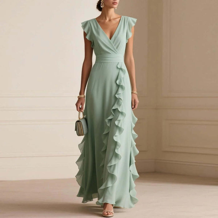 Womens Elegant Solid Color Ruffle V Neck Long Dress in mint green with ruffles and a fitted waist, ideal for formal occasions.