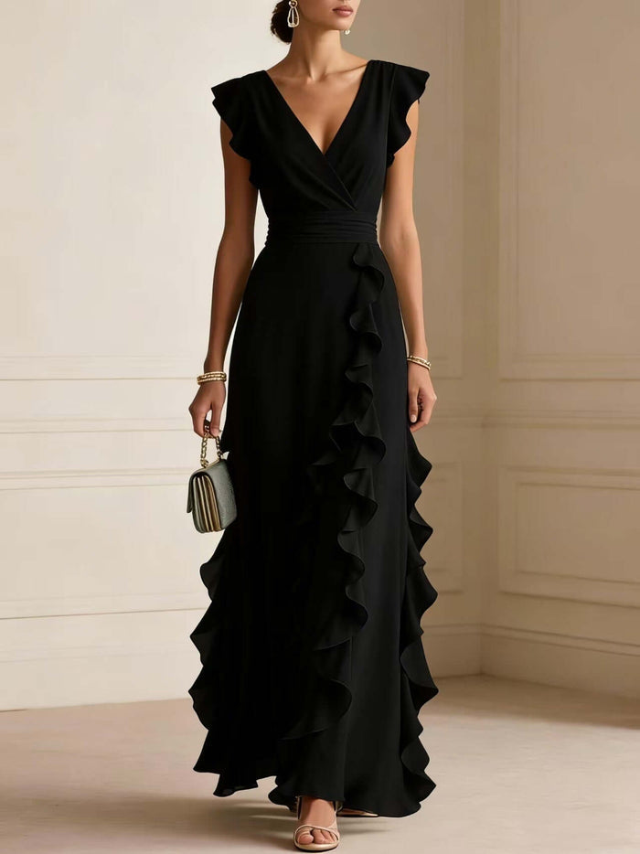 Womens Elegant Solid Color Ruffle V Neck Long Dress showcased in black, featuring ruffles and a flattering V-neckline.
