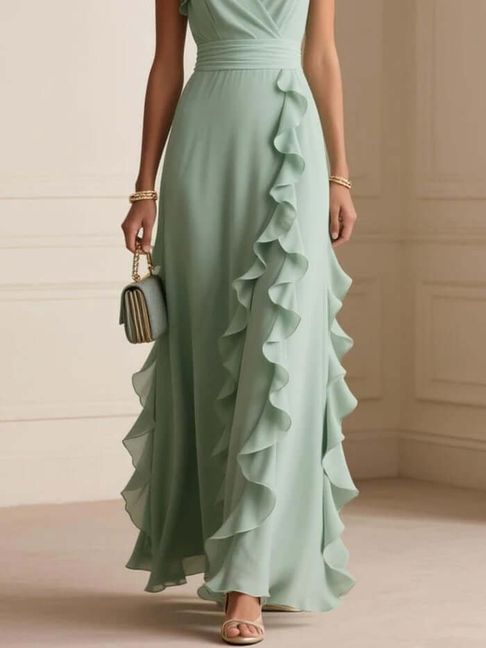 Womens Elegant Solid Color Ruffle V Neck Long Dress in mint green with ruffles, shown on a model holding a small handbag.