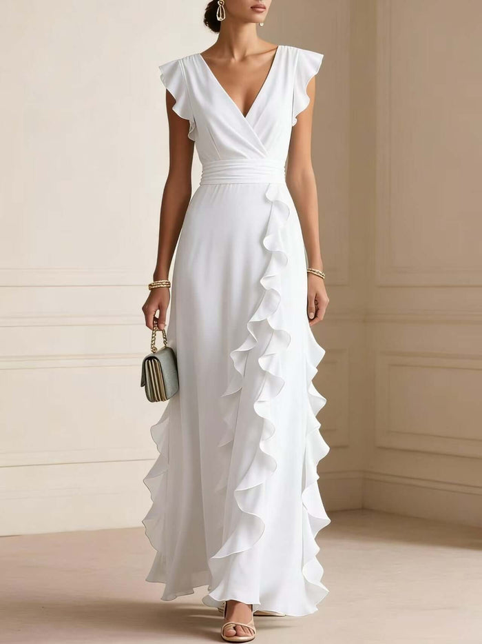 Womens Elegant Solid Color Ruffle V Neck Long Dress displayed on model in elegant white color.
