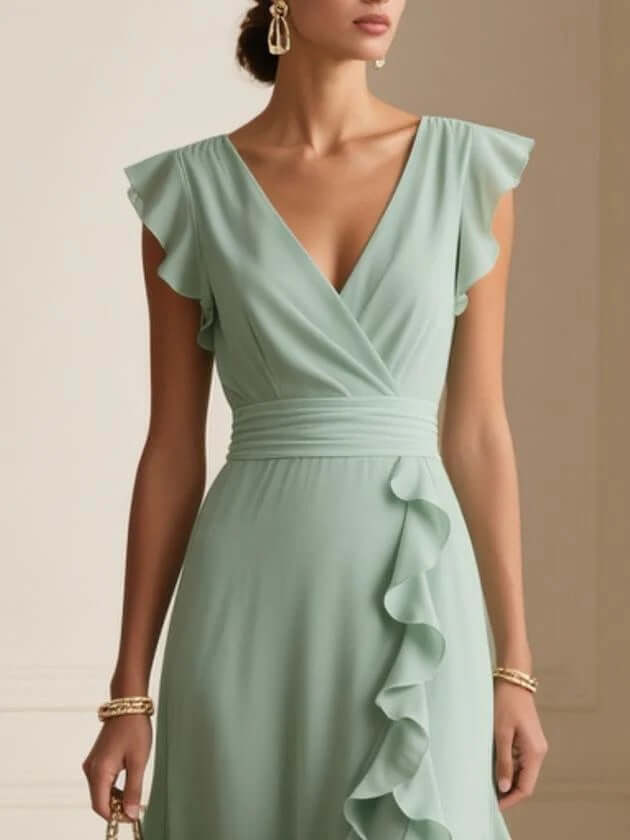 Womens Elegant Solid Color Ruffle V Neck Long Dress in soft green with flutter sleeves and ruffle detailing.