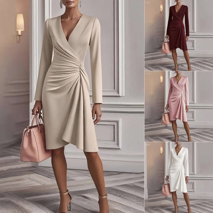 Womens Elegant V Neck Pleated Long Sleeve Midi Dress in various colors with stylish handbag, showcasing elegant design and pleated details.