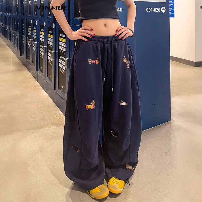 Womens Embroidered Slacks Loose Slimming Wide Leg Pants navy blue.