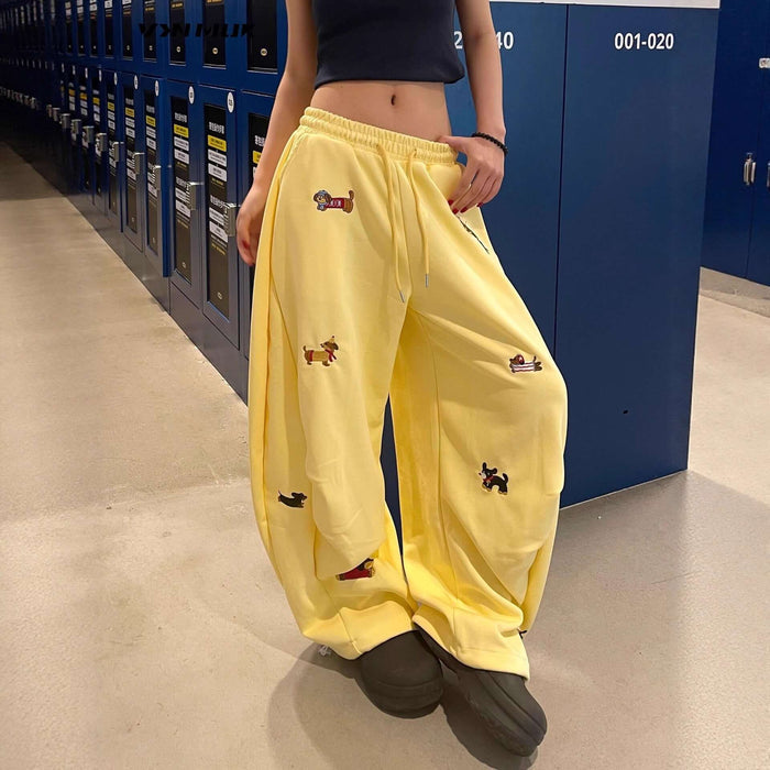 Womens Embroidered Slacks Loose Slimming Wide Leg Pants yellow.