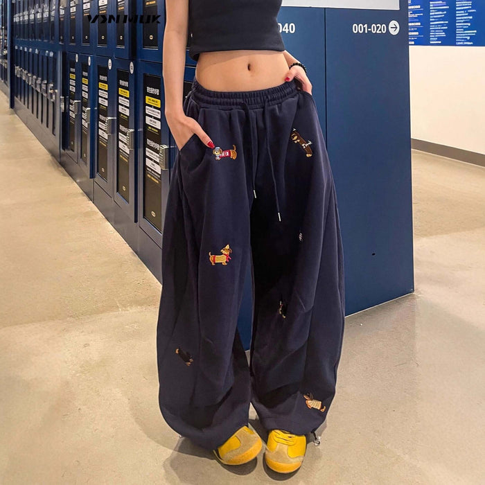 Womens Embroidered Slacks Loose Slimming Wide Leg Pants high waist.