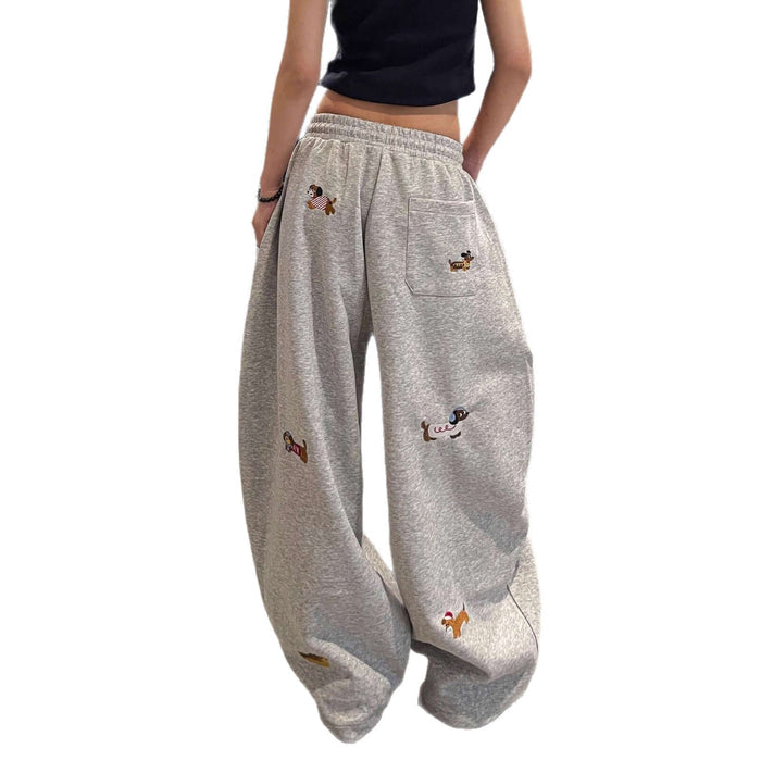 Womens Embroidered Slacks Loose Slimming Wide Leg Pants cotton.