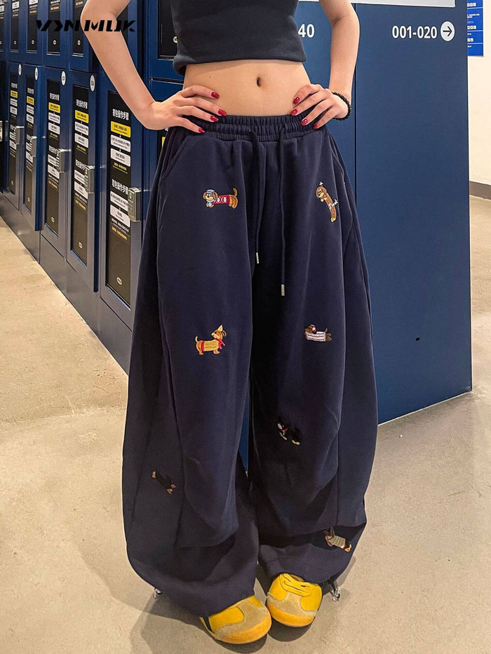Womens Embroidered Slacks Loose Slimming Wide Leg Pants slimming fit.