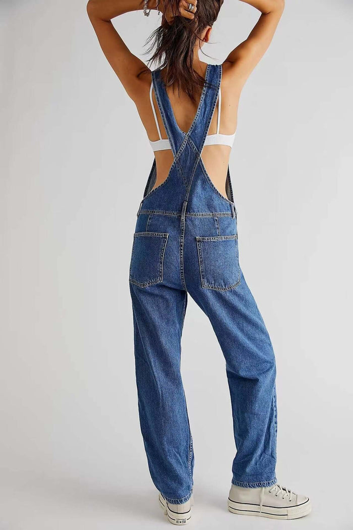 Womens High Waisted Jumpsuit Overalls With Pockets, back view, casual denim style with adjustable straps.