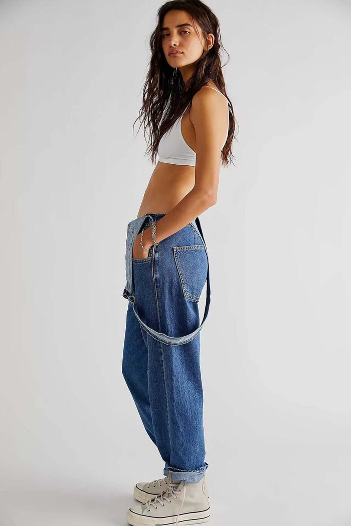 Womens High Waisted Jumpsuit Overalls With Pockets in denim, styled for a trendy casual look.
