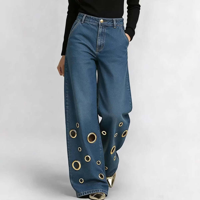 Womens High-waisted Loose-fit Denim Jeans With Cutout Design featuring a stylish cutout look and wide-leg fit.