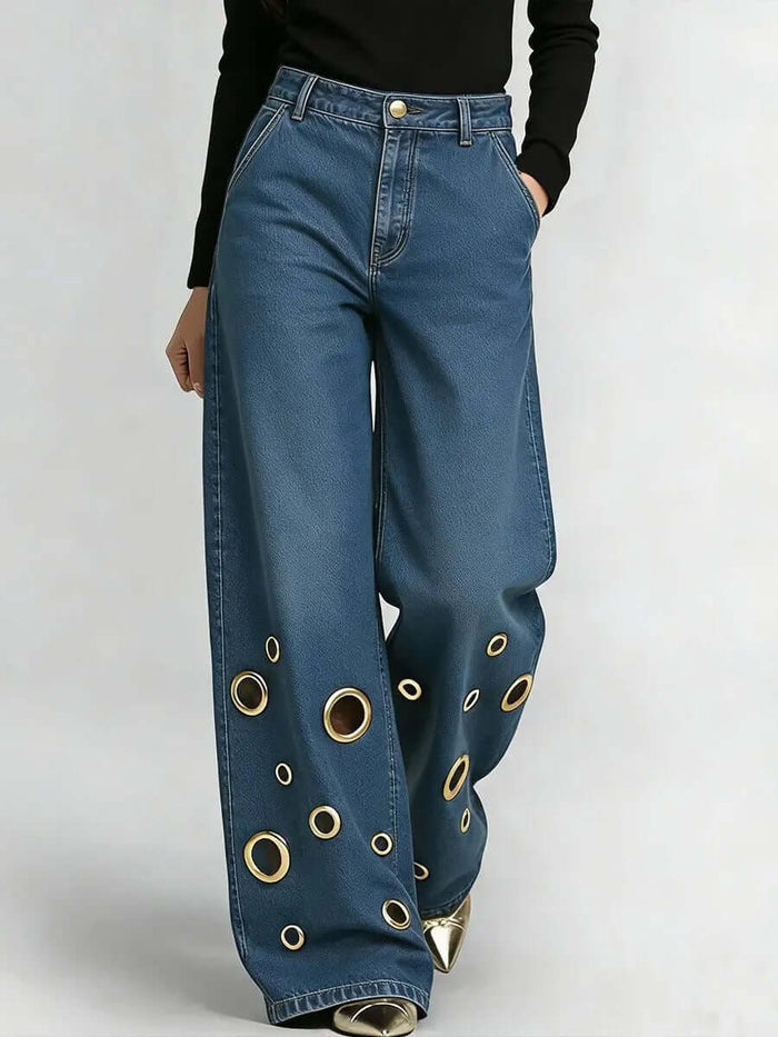 Womens High-waisted Loose-fit Denim Jeans With Cutout Design featuring large cutouts and a stylish loose fit.