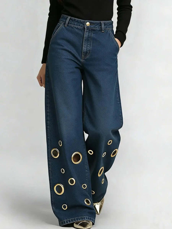 Womens High-waisted Loose-fit Denim Jeans With Cutout Design featuring gold accents and wide-leg style.