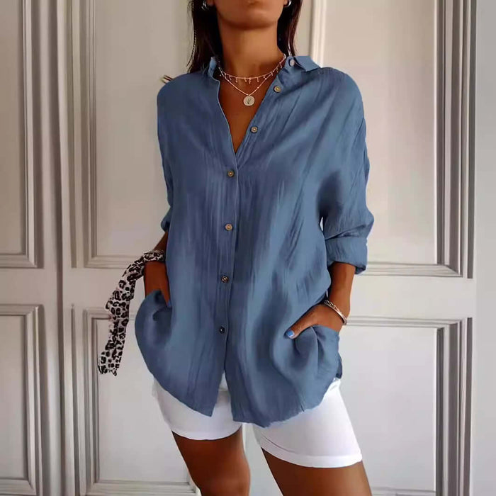 Womens Lapel Long Sleeve Single Breasted Pleated Shirt in blue, featuring a relaxed fit and button-down front.