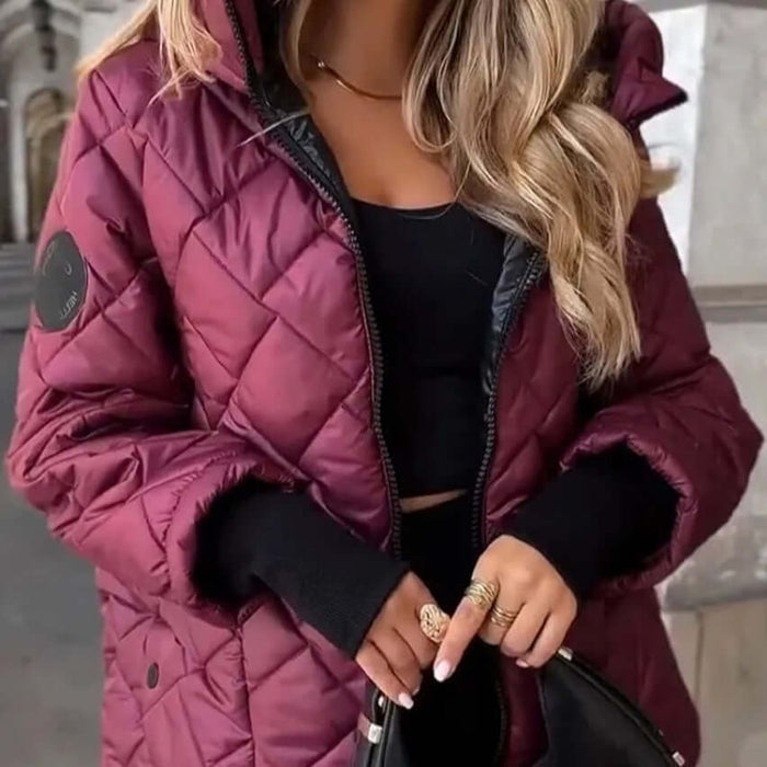 Womens Lightweight Hooded Warm Short Jacket front view in black color